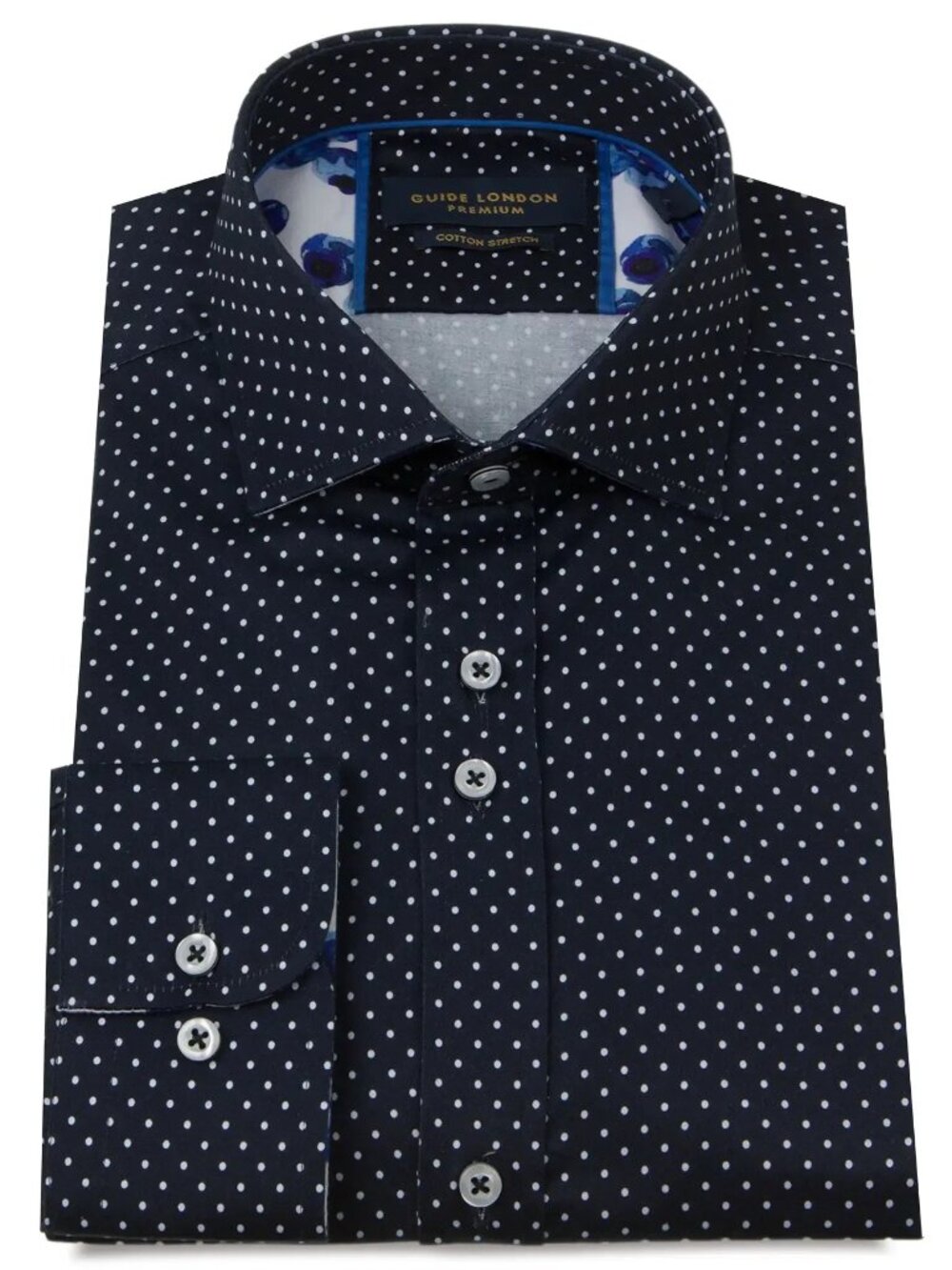 Guide London Navy Dot Print Long Sleeve Button Up Shirt/0507